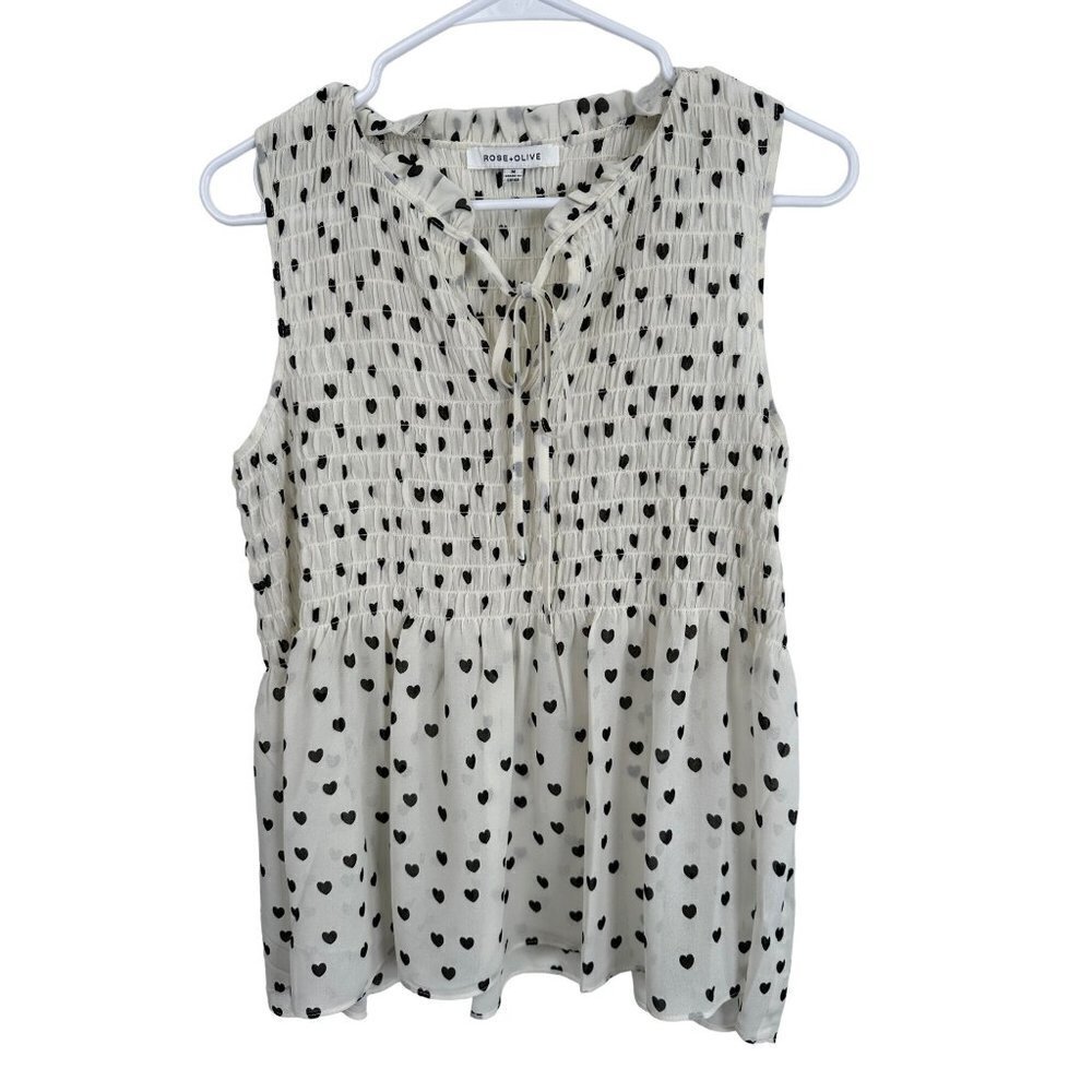 Rose + Olive white & black heart blouse,‎ size M